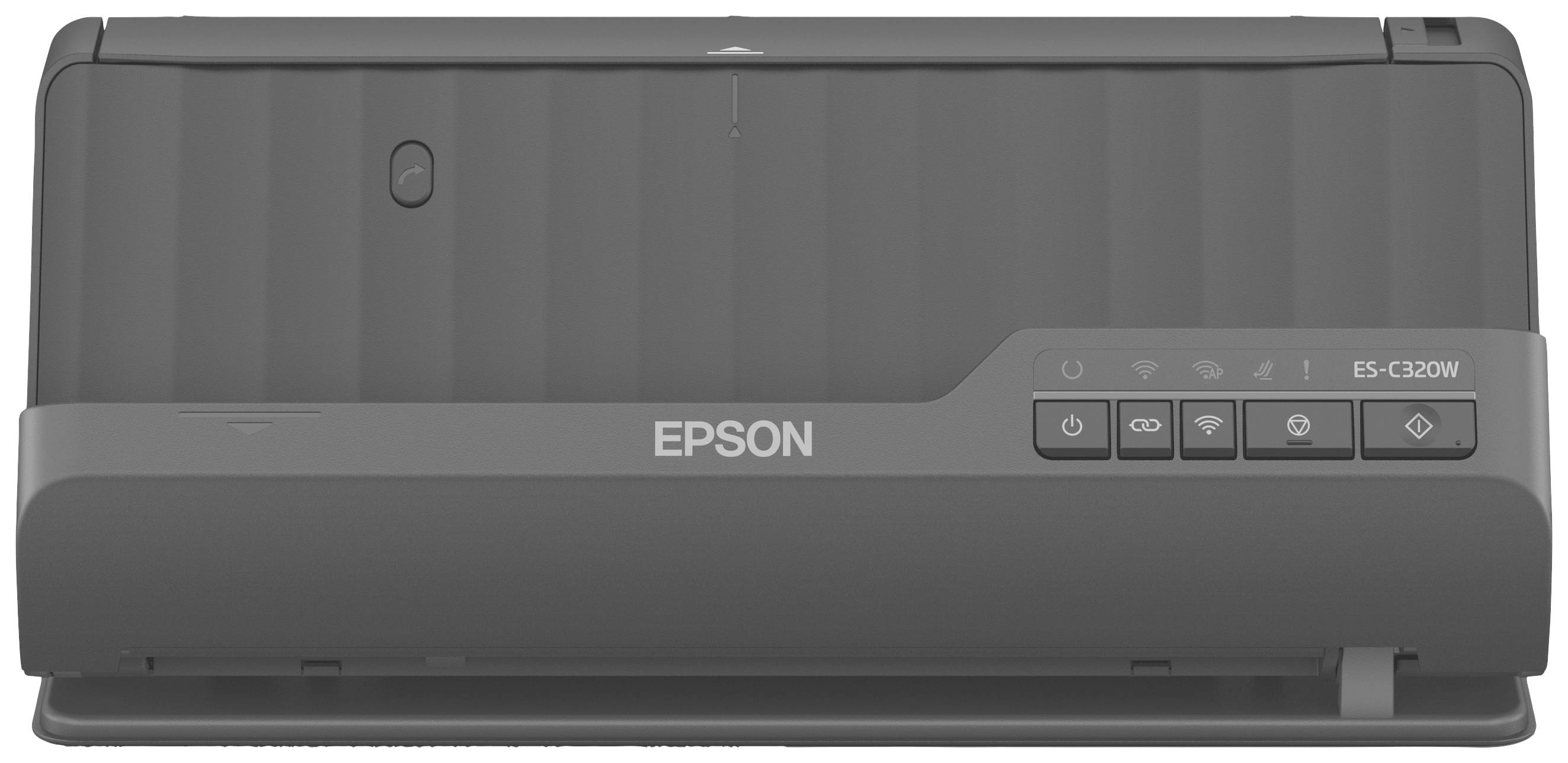 Un scanner Epson gris, modèle ES-C320W, doté de plusieurs touches sur sa façade avant, adapté au traitement de documents.