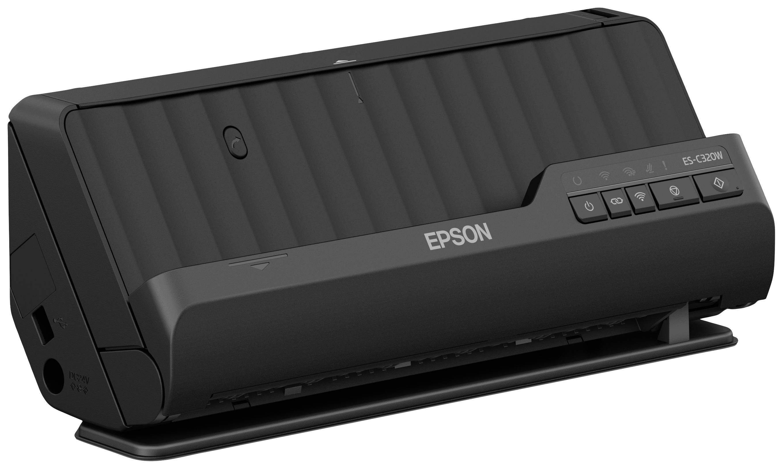 Un scanner noir Epson avec plusieurs éléments de commande et un support papier, adapté à la numérisation de documents.