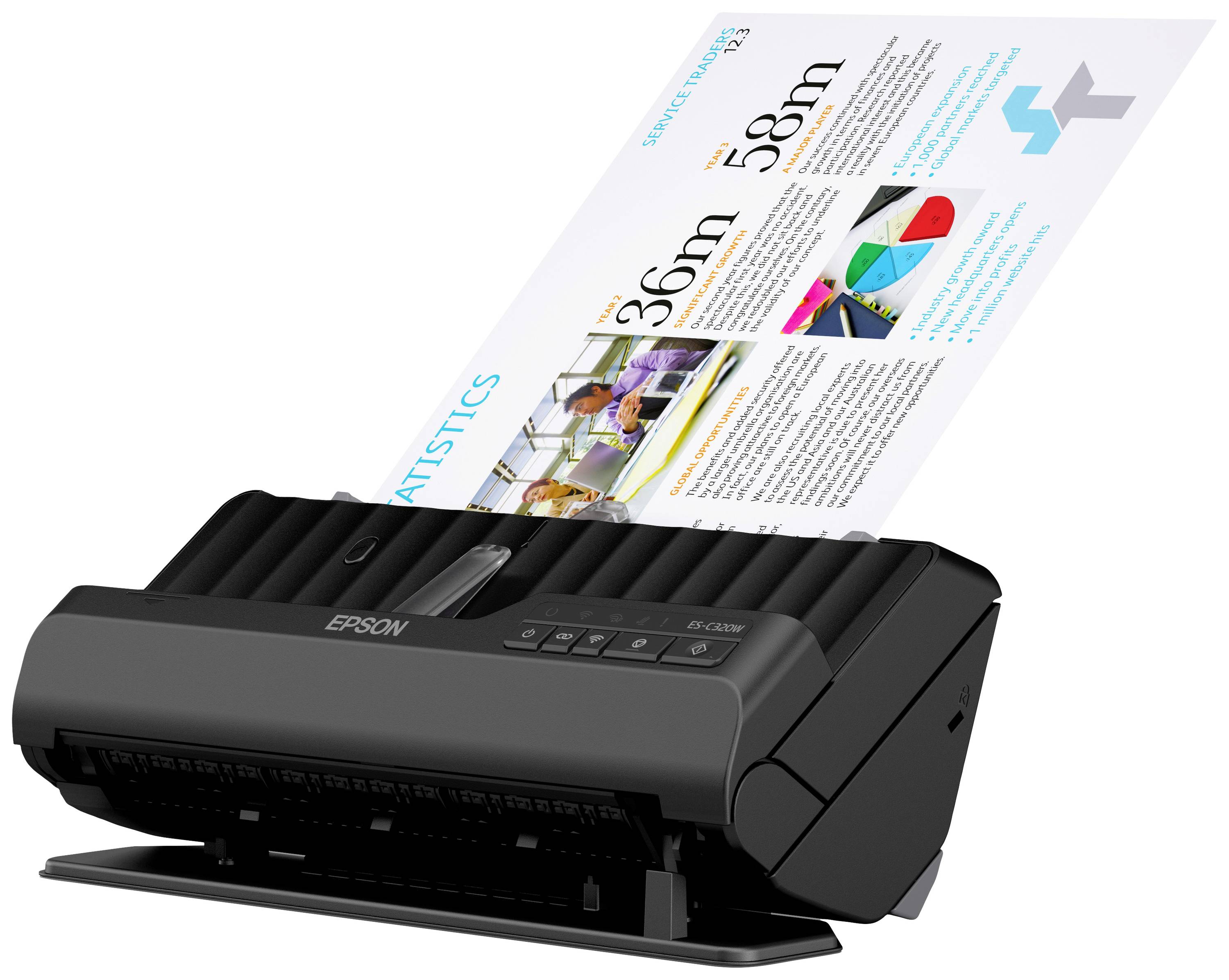 Un scanner numérise un document contenant des graphiques et des statistiques. L'appareil représenté est un modèle Epson de couleur sombre.