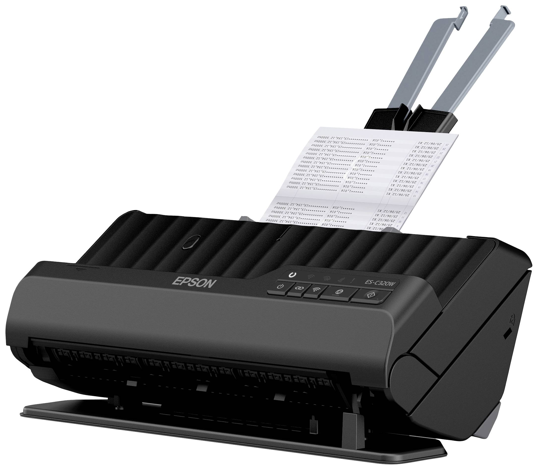 Un imprimante Epson noir numérise une feuille de papier. L'imprimante a une construction compacte et est adaptée à la gestion documentaire.