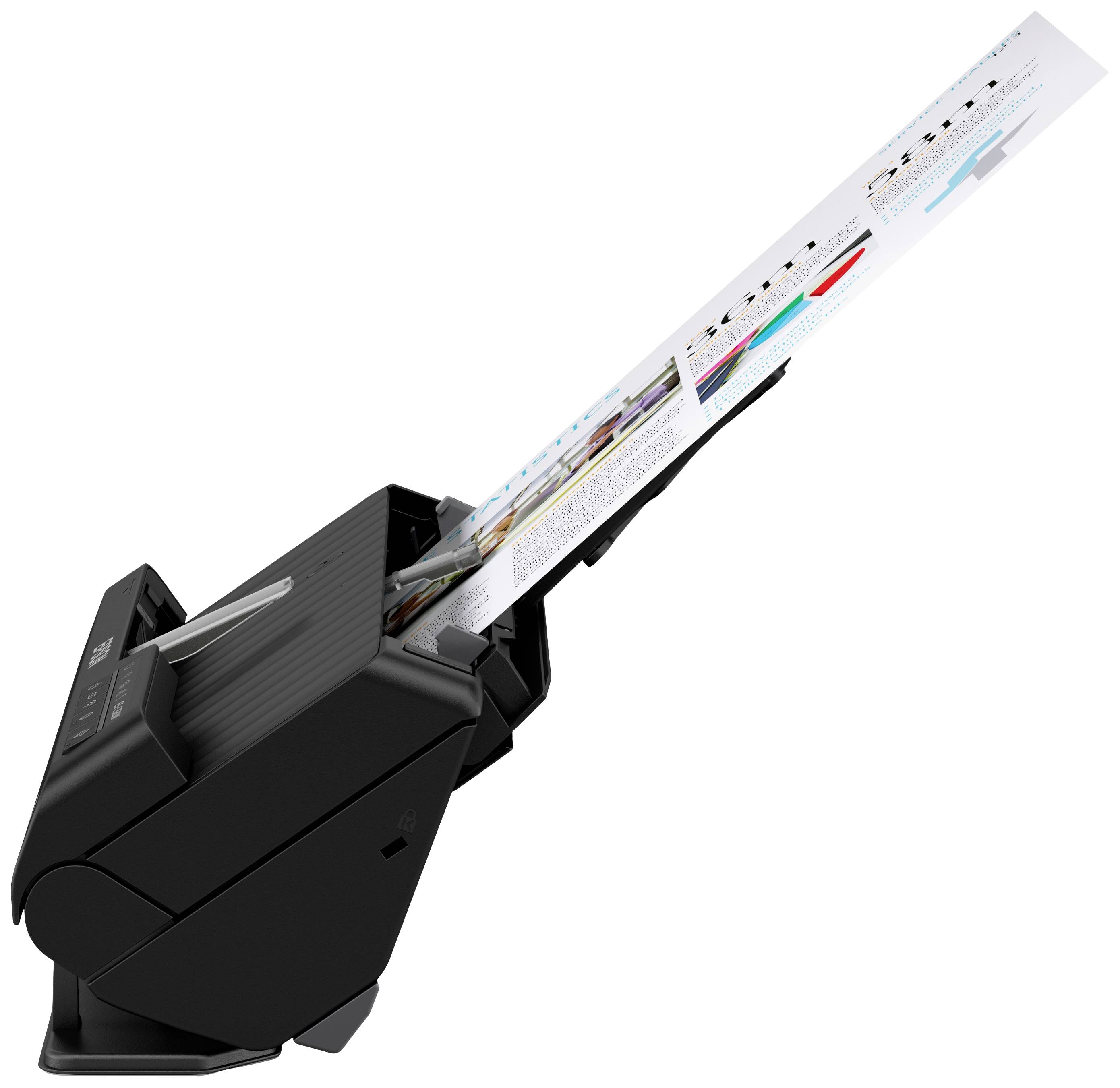 Un scanner de documents numérise une feuille de papier imprimée en couleur avec des graphiques et du texte. L'appareil est moderne et noir.