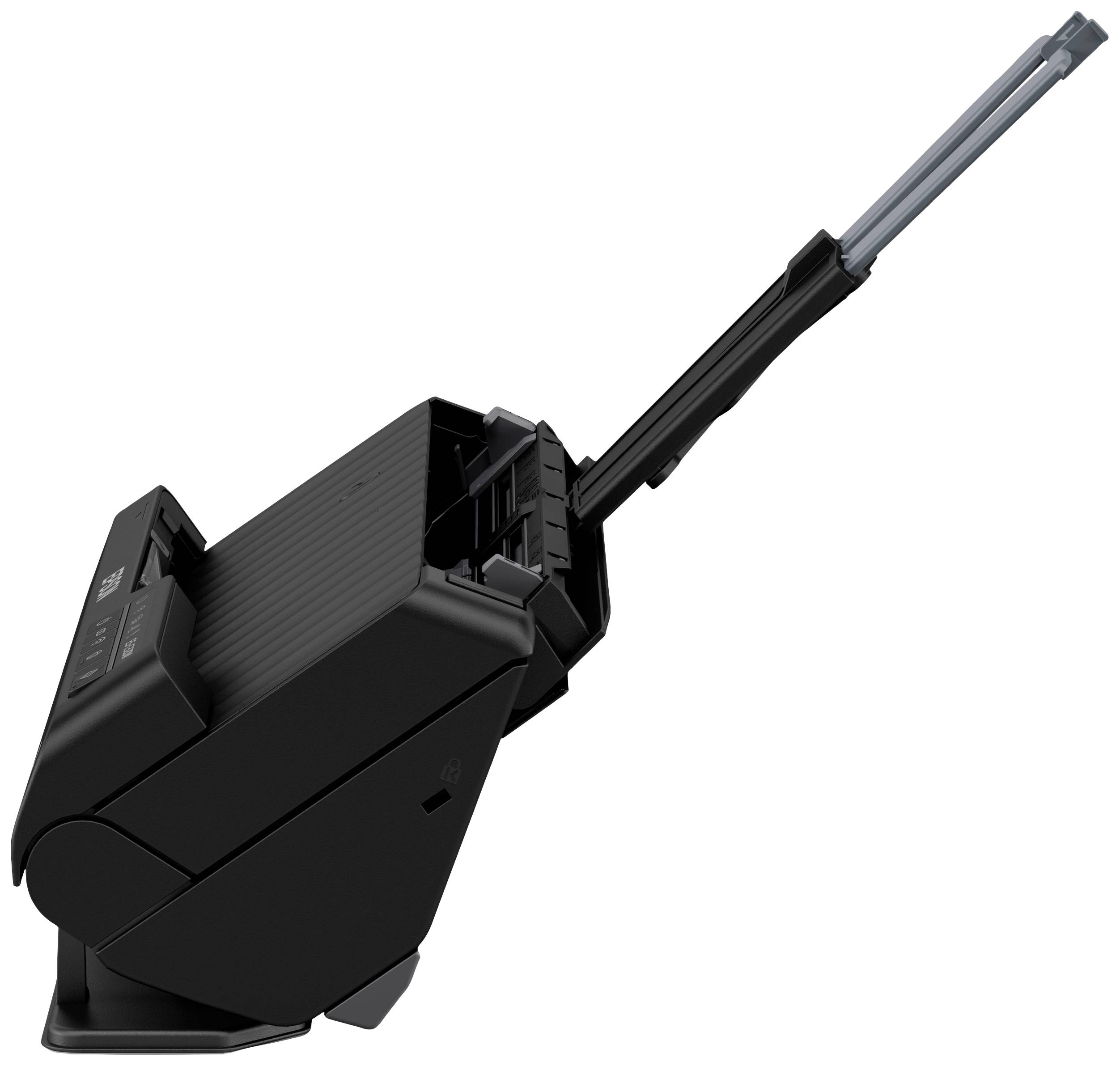 Aspirateur noir avec long tuyau d'aspiration, vu de côté et debout.