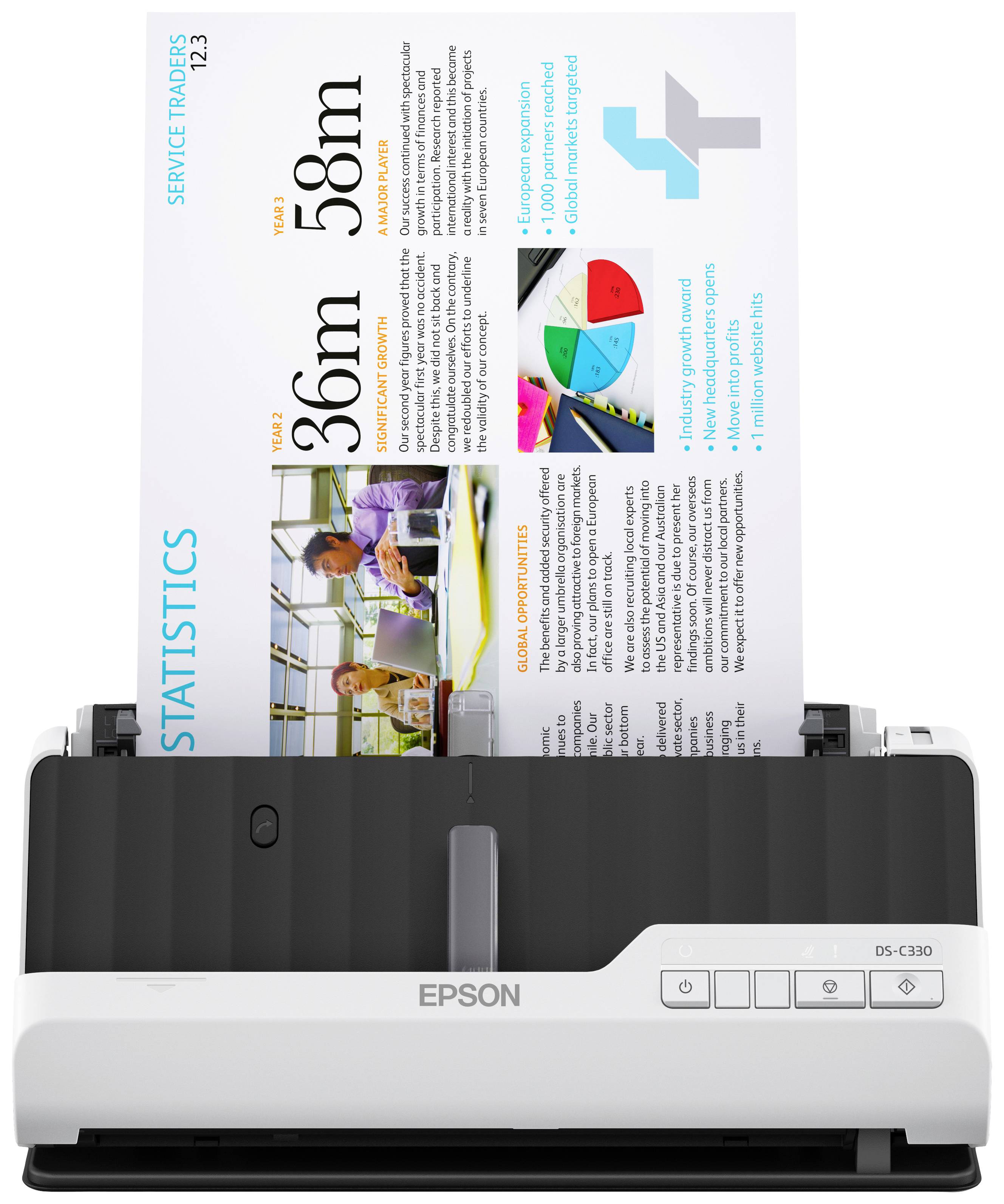 Un scanner à plat d'Epson numérise du papier en couleur contenant des diagrammes et des textes relatifs à des prévisions de service et des statistiques.