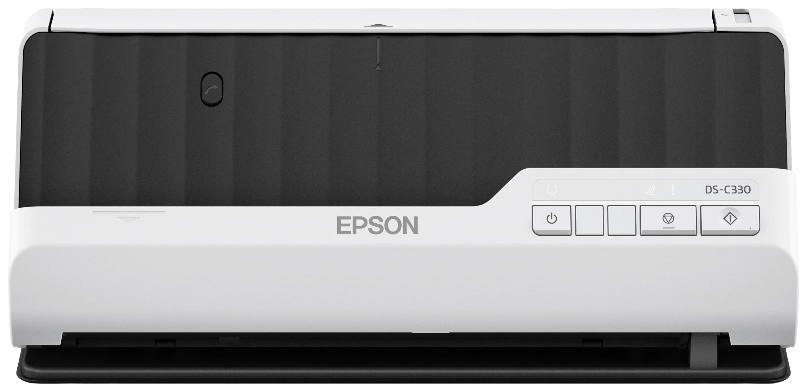 Scanner Epson DS-C330 en vue de face, avec les touches de commande visibles sur la droite. Idéal pour un scan de documents efficace.