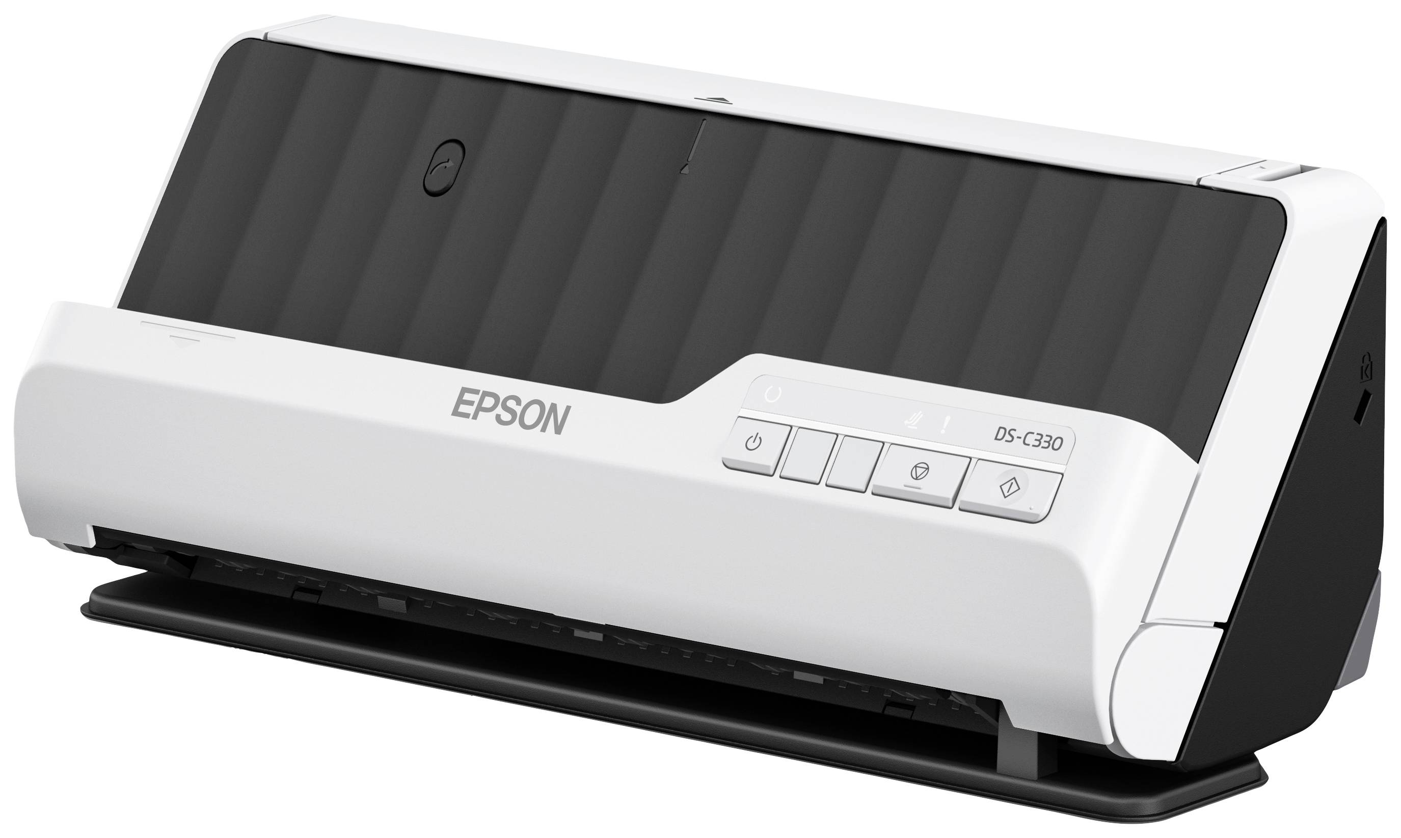 Un scanner de documents Epson blanc et noir avec plusieurs boutons de commande sur le devant.
