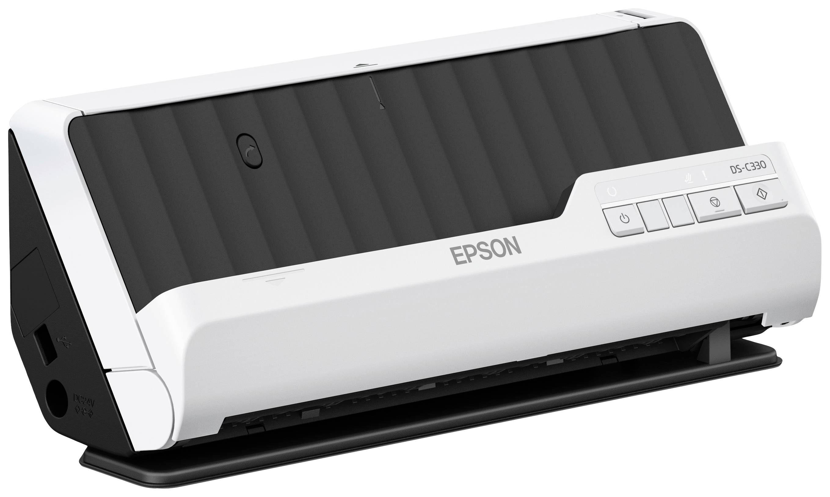 Un scanner Epson au design blanc et noir avec des touches de commande sur le côté droit. Idéal pour la numérisation de documents.