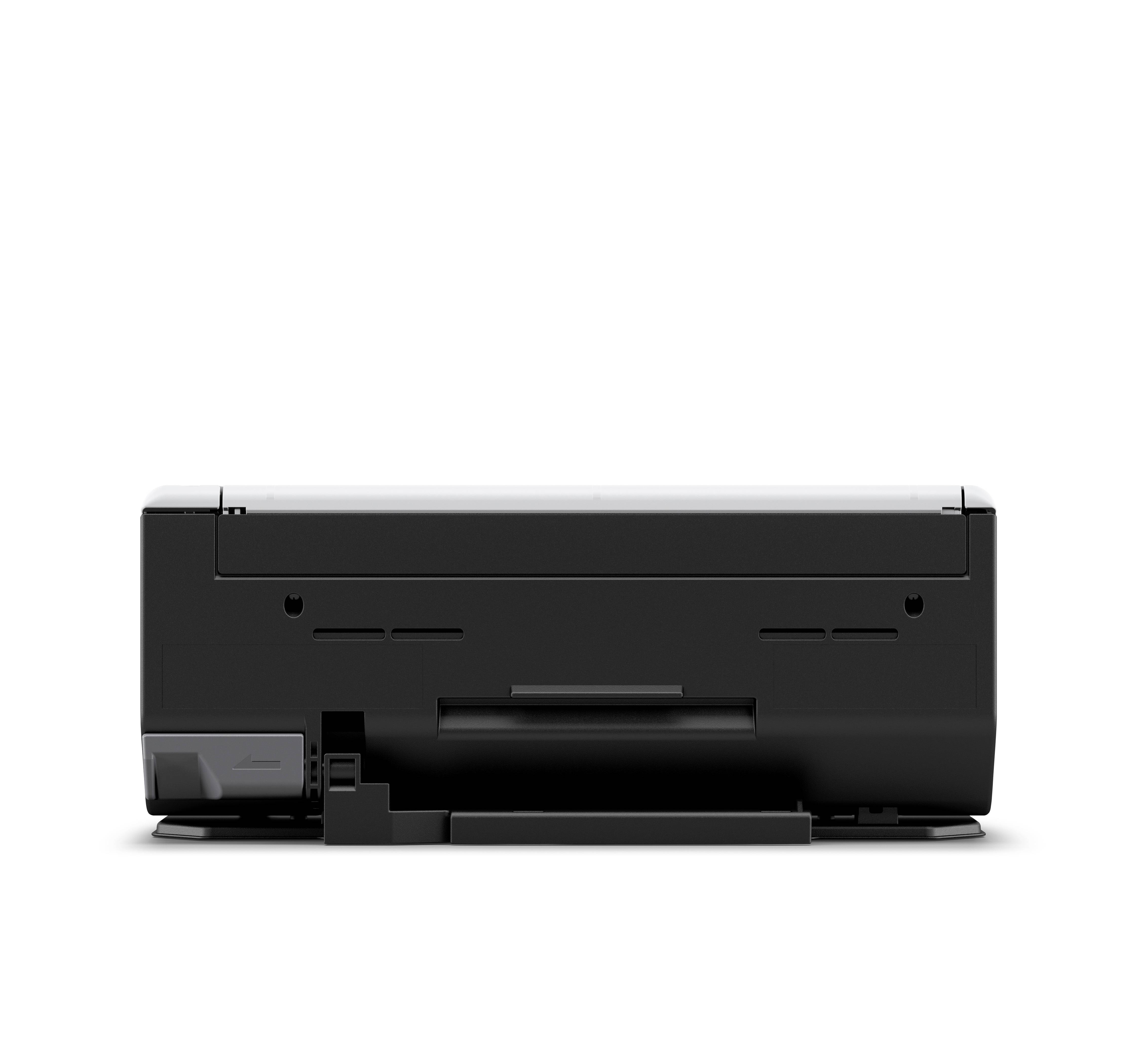 Une imprimante vue de dos, montrant ses connexions et son alimentation papier. C'est un modèle compact, adapté à un usage de bureau ou domestique.