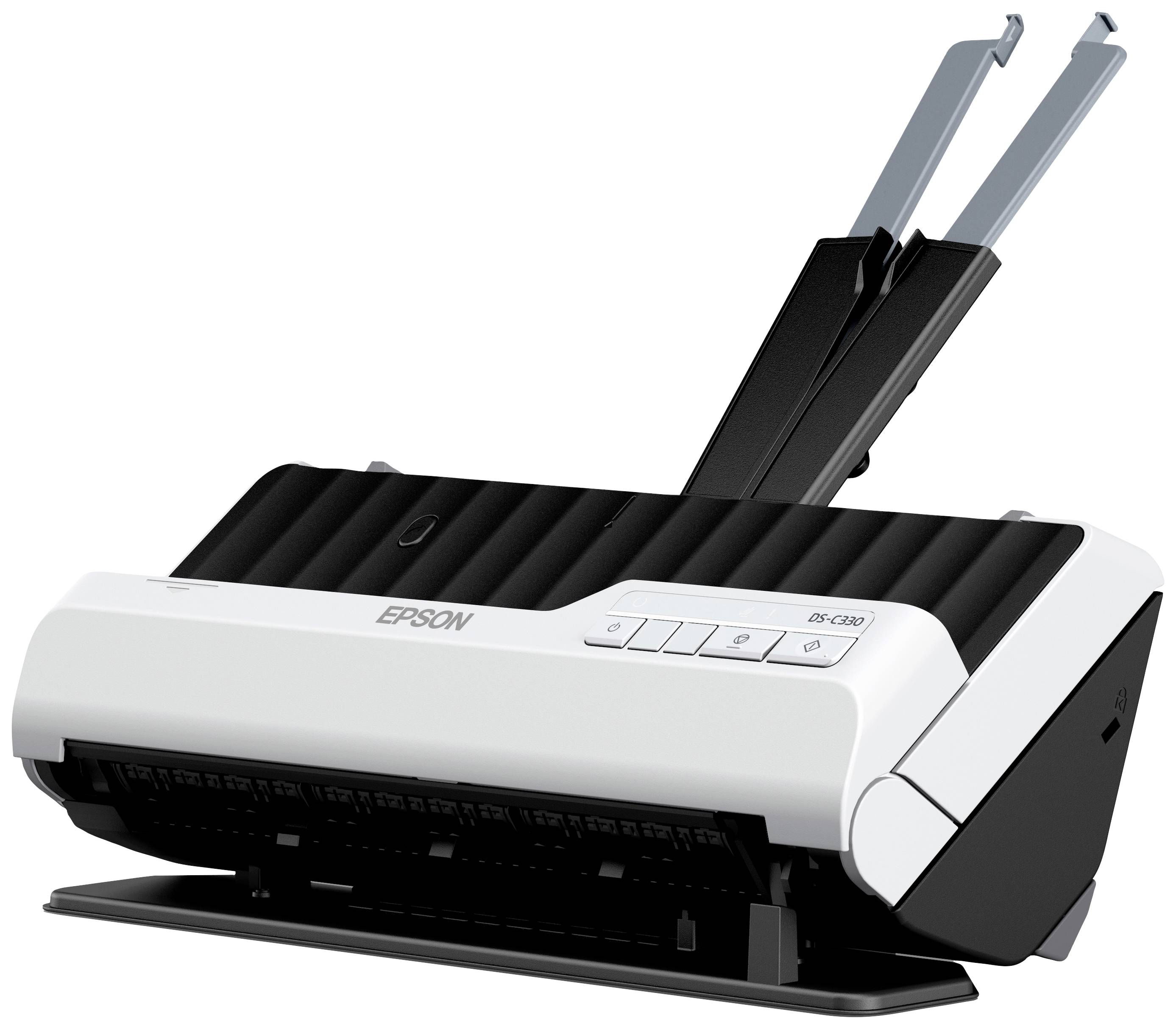 Scanner de marque Epson avec chargeur. Adapté pour numériser des documents et des photos. Compact et au design moderne.