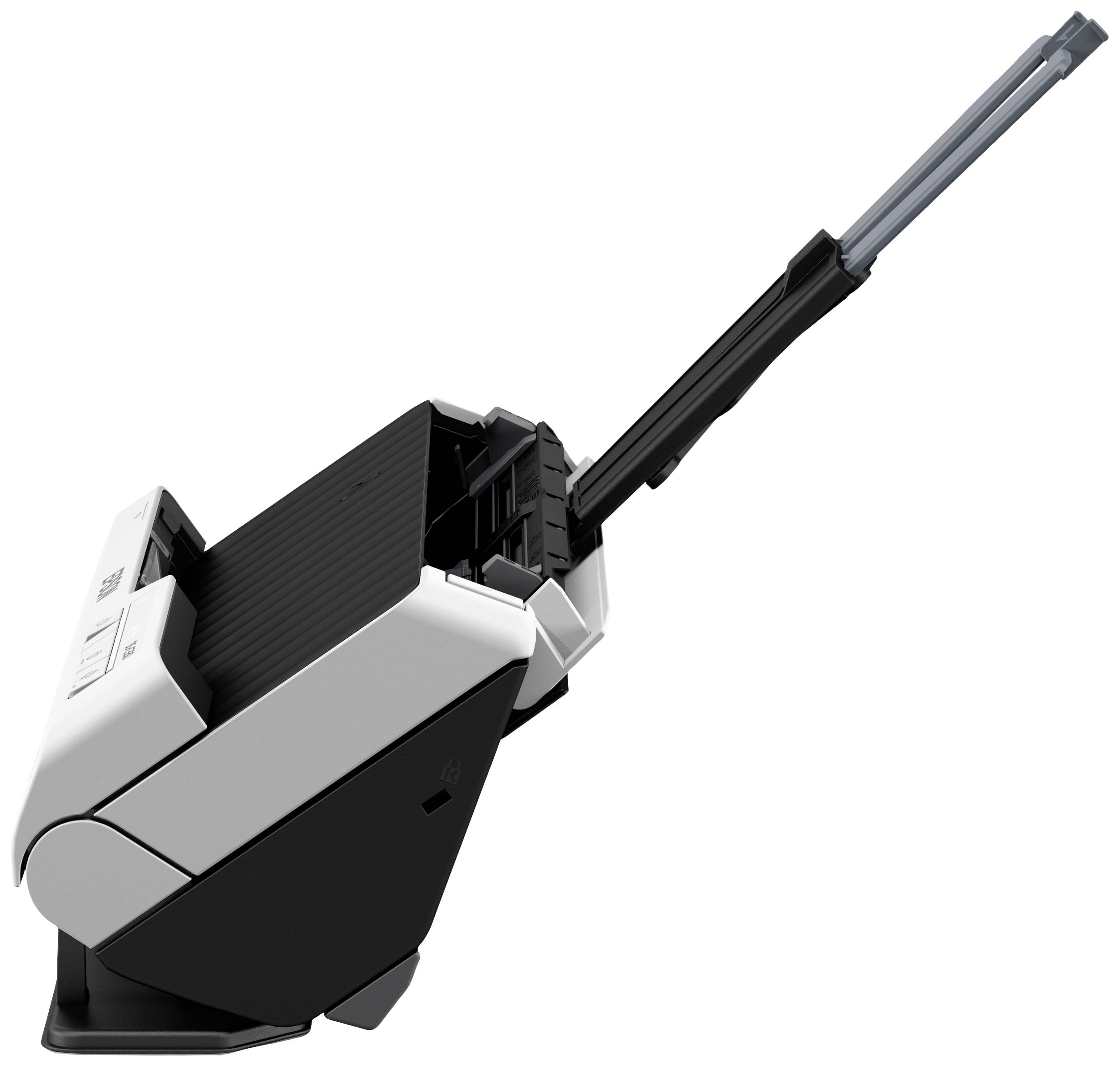 Un scanner moderne, incliné, avec un chargeur de documents ouvert et un support de papier déployé, vue de côté.