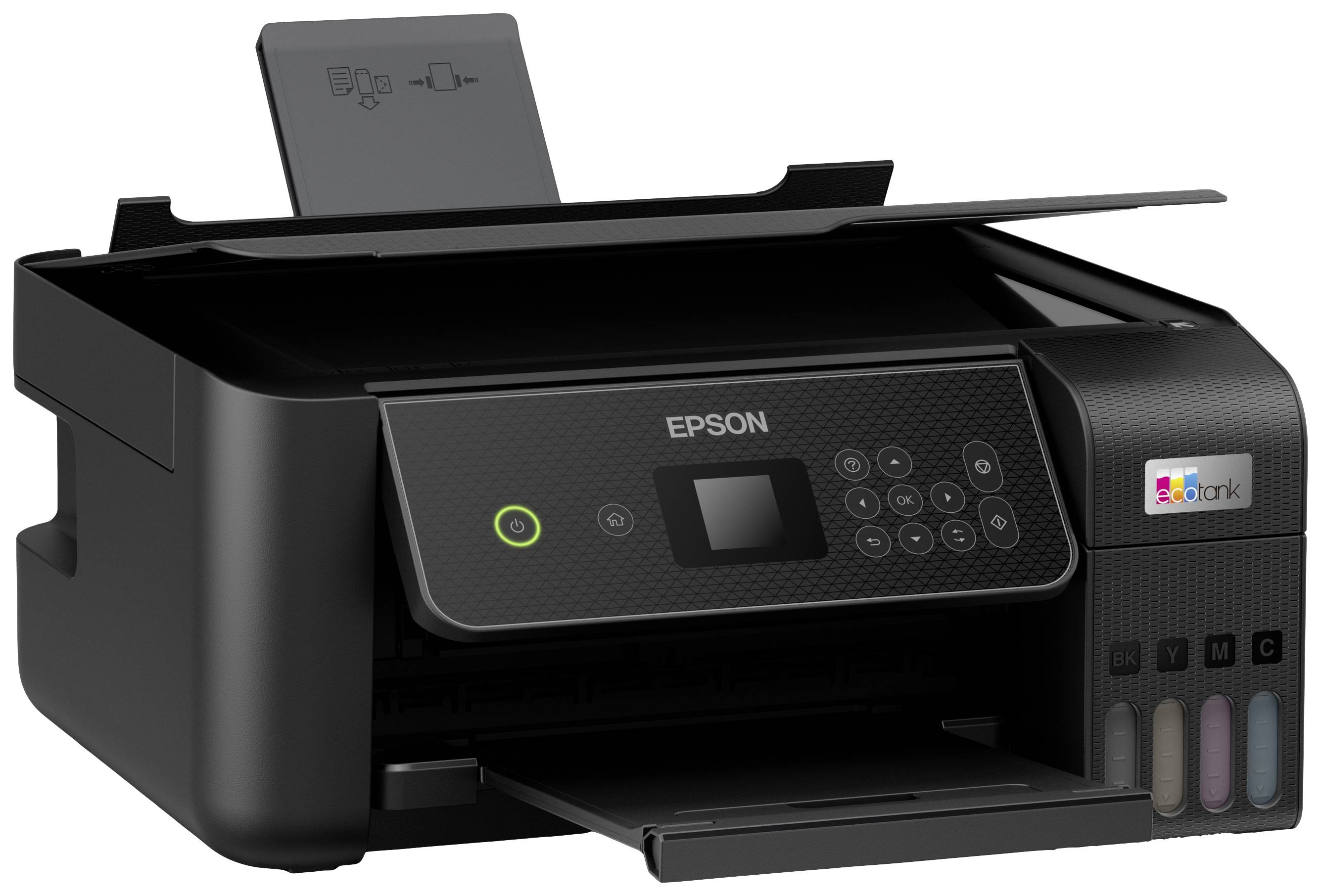 Imprimante Epson noire avec panneau de commande et réservoirs de recharge d'encre ; bac à papier ouvert.