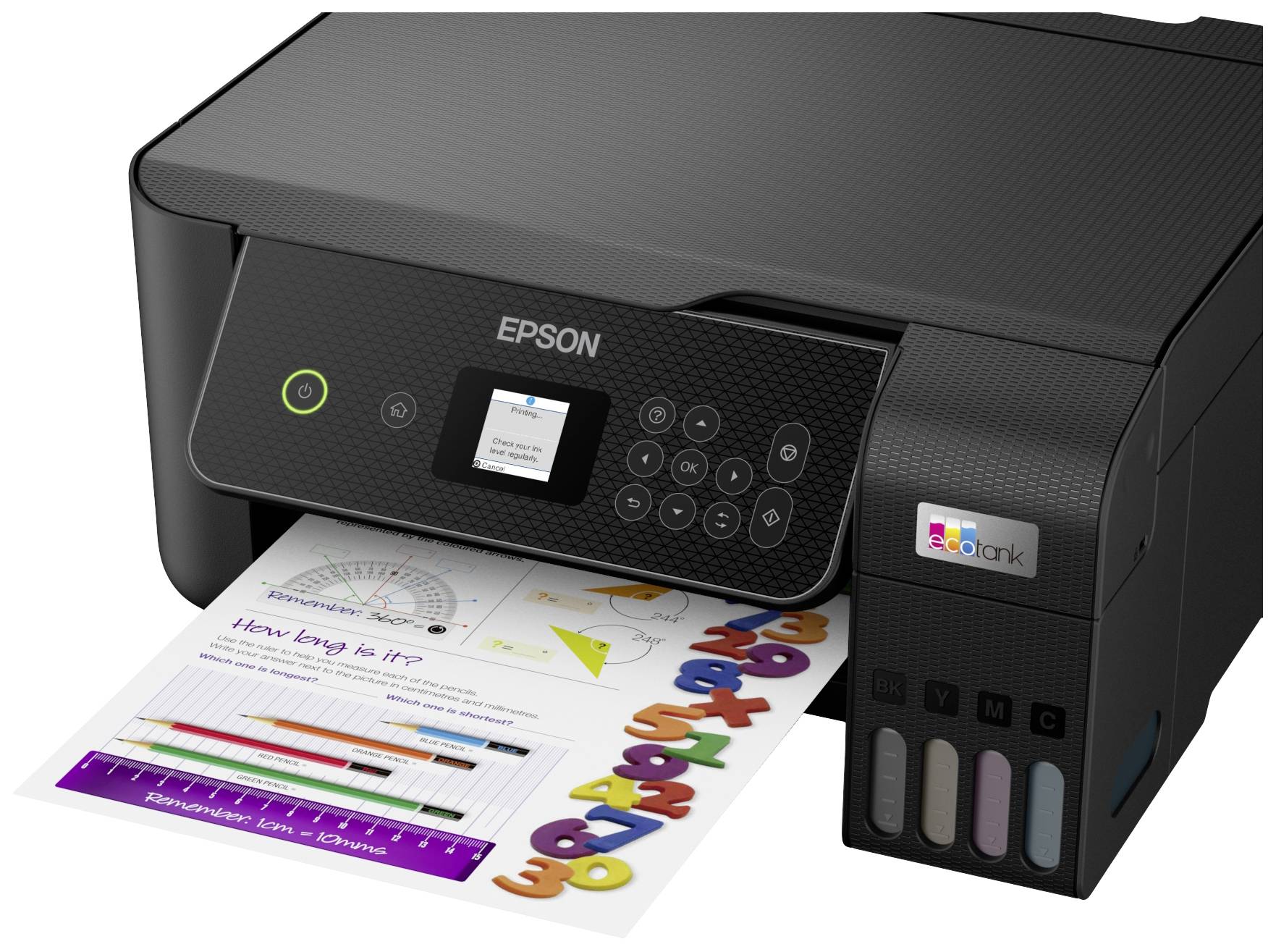 Imprimante Epson avec un document affichant des couleurs et des diagrammes.
