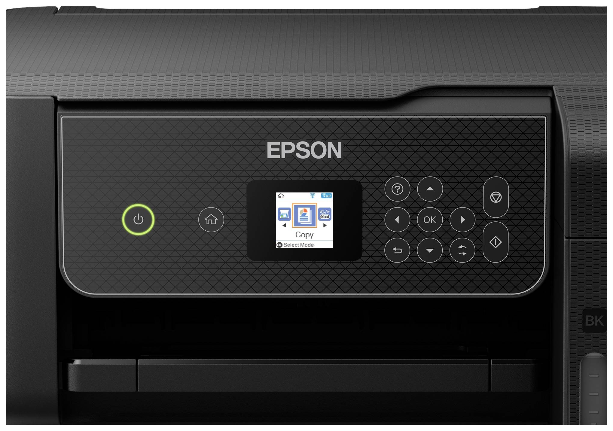 Un imprimante Epson avec un écran couleur affiche le menu de sélection de 'Copie'. Des touches de démarrage, d'accueil et de navigation sont visibles.