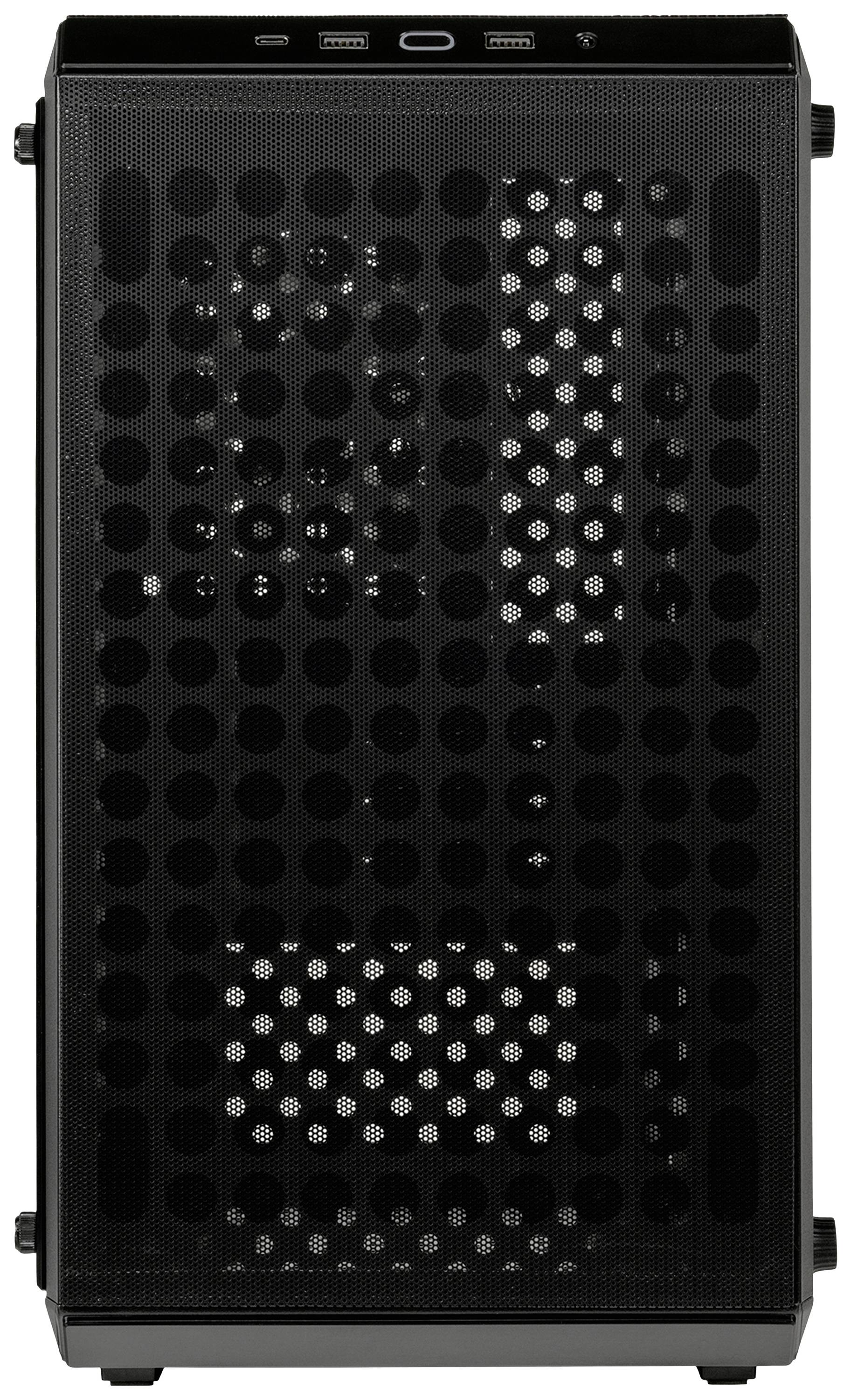 Boîtier d'ordinateur noir avec grille avant, deux ports USB et un port USB-C en haut.