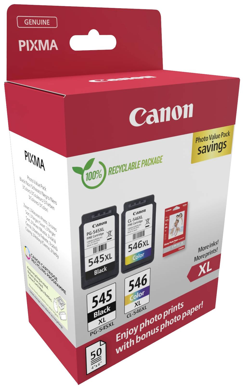 Canon PIXMA Pack de cartouches d'encre en rouge. Contient deux cartouches, une noire et une couleur. Texte : « Profitez de l'impression photo avec du papier photo bonus ! »
