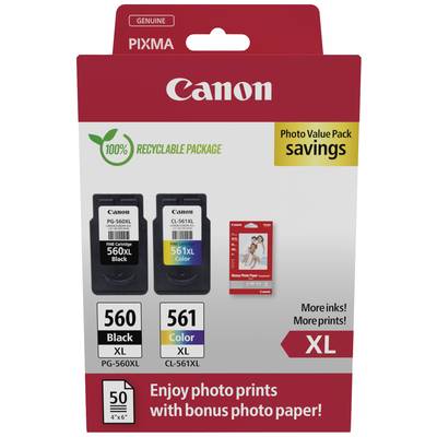 Ensemble de cartouches d'encre Canon comprenant deux cartouches, une noire et une couleur, avec du papier photo bonus. L'emballage est recyclable.
