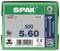 Emballage vert de la marque SPAX avec 500 vis, taille 5 x 60 mm. Contient un code QR et un sceau de certification.