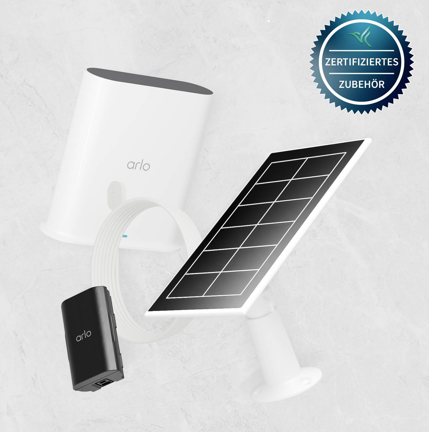 Panneau solaire et adaptateur de caméra Arlo blanc présentés devant un fond gris. En haut à droite, un sceau indiquant 'Accessoire certifié'.