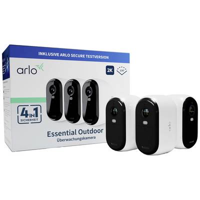 Emballage de la 'Caméra de surveillance extérieure Arlo Essential' avec deux caméras à côté. Inscription : 'Sécurité 4-en-1', '2K', Angle de vue 130°.