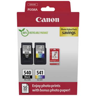 Paquet de cartouches d'imprimante Canon avec encre noire PG-540 et couleur CL-541, emballage 100% recyclable, contenant du papier photo bonus.