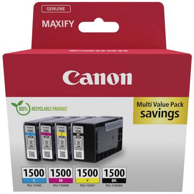 Pack de cartouches d'encre Canon Maxify Multipack présente quatre cartouches d'encre (Cyan, Magenta, Jaune, Noir). Emballage avec '100% emballage recyclable' et 'Économies avec le pack multivalue'.