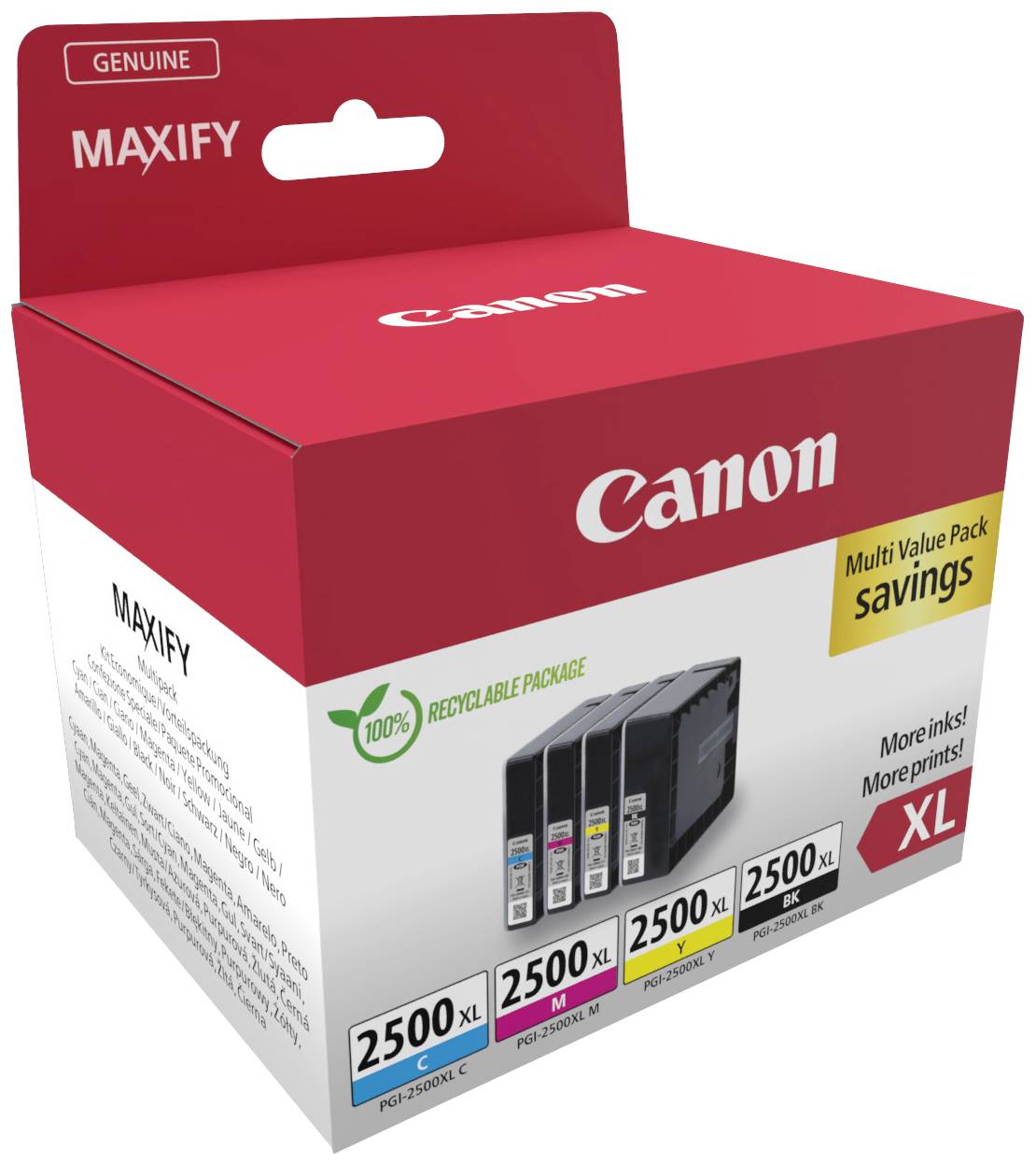 Un pack multivalue de cartouches d'encre Canon, de la marque MAXIFY, contient quatre cartouches XL dans les couleurs cyan, magenta, jaune et noir.