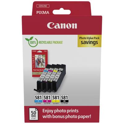 Ensemble de cartouches d'encre Canon Pixma avec quatre cartouches de couleur et 50 feuilles de papier photo. L'emballage est 100% recyclable.