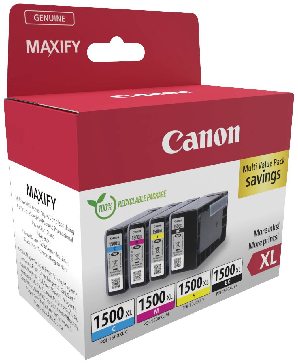 Pack de cartouches d'imprimante Canon avec emballage 100% recyclable. Contient quatre cartouches XL : Cyan, Magenta, Jaune et Noir.