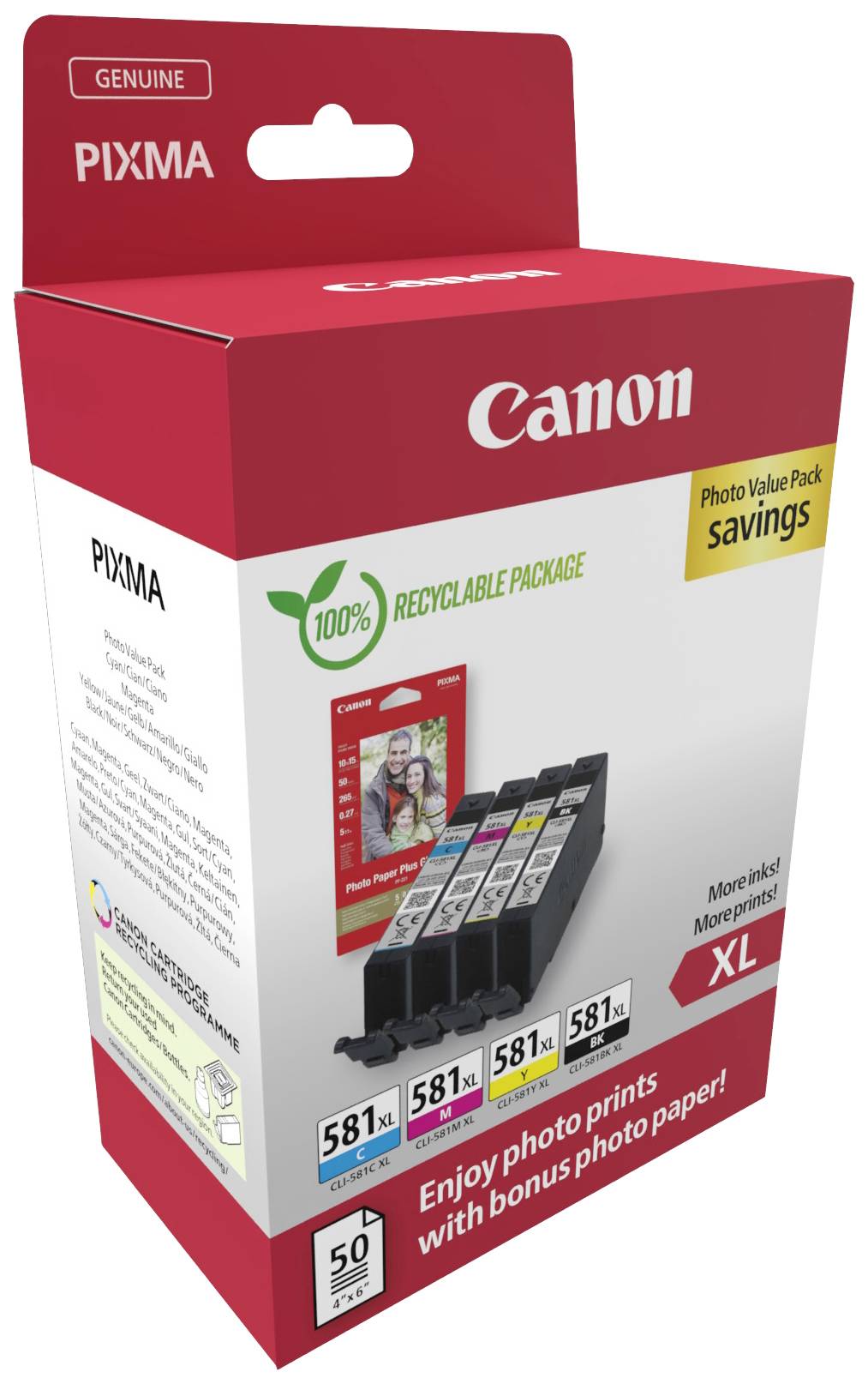 Emballage de cartouches d'encre Canon, présentant cinq cartouches et faisant la promotion des formats XL, du recyclage et d'un bonus de papier photo.
