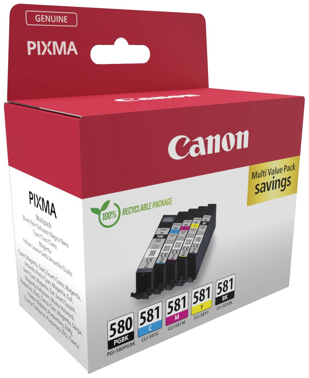 Pack multicolore de cartouches d'encre Canon pour imprimantes PIXMA. Contient des cartouches d'encre CLI-581 en Cyan, Magenta, Jaune, Noir et PGBK. Emballage recyclable.