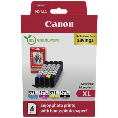 Emballage de cartouches d'encre Canon avec quatre cartouches en noir, cyan, magenta et jaune. Texte : 'Plus d'impressions, papier photo inclus !'