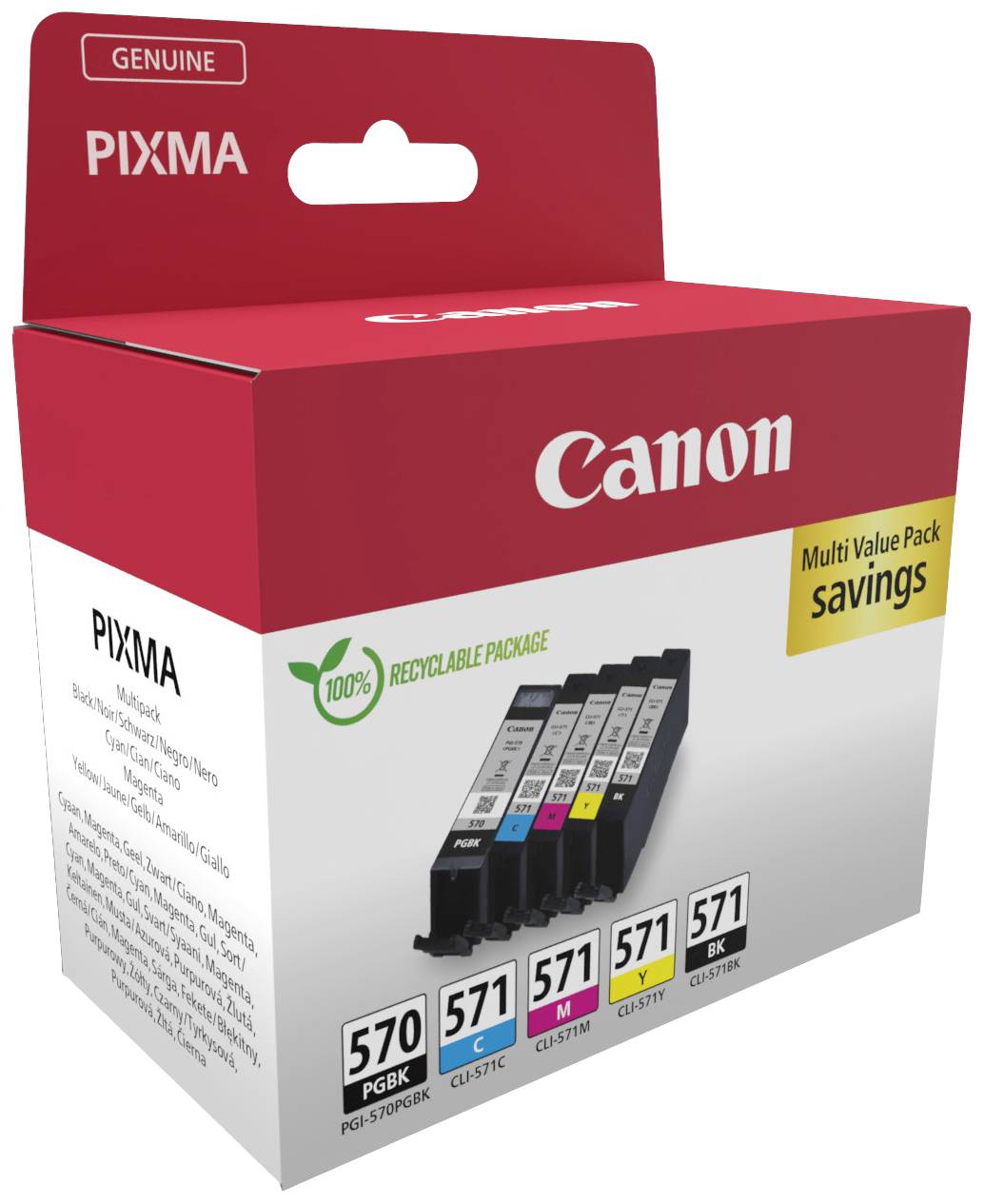 Pack de cartouches d'encre Canon, compatibles avec les imprimantes PIXMA. Contient les modèles 570 PGBK, 571 C, M, Y, BK en emballage recyclable.