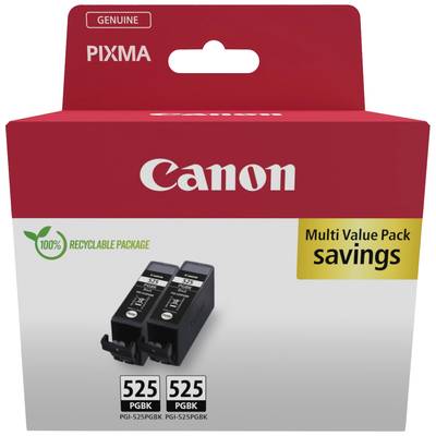 Pack de cartouches d'encre double Canon PIXMA, contenant deux cartouches PGI-525BK. Indique un «emballage 100% recyclable».