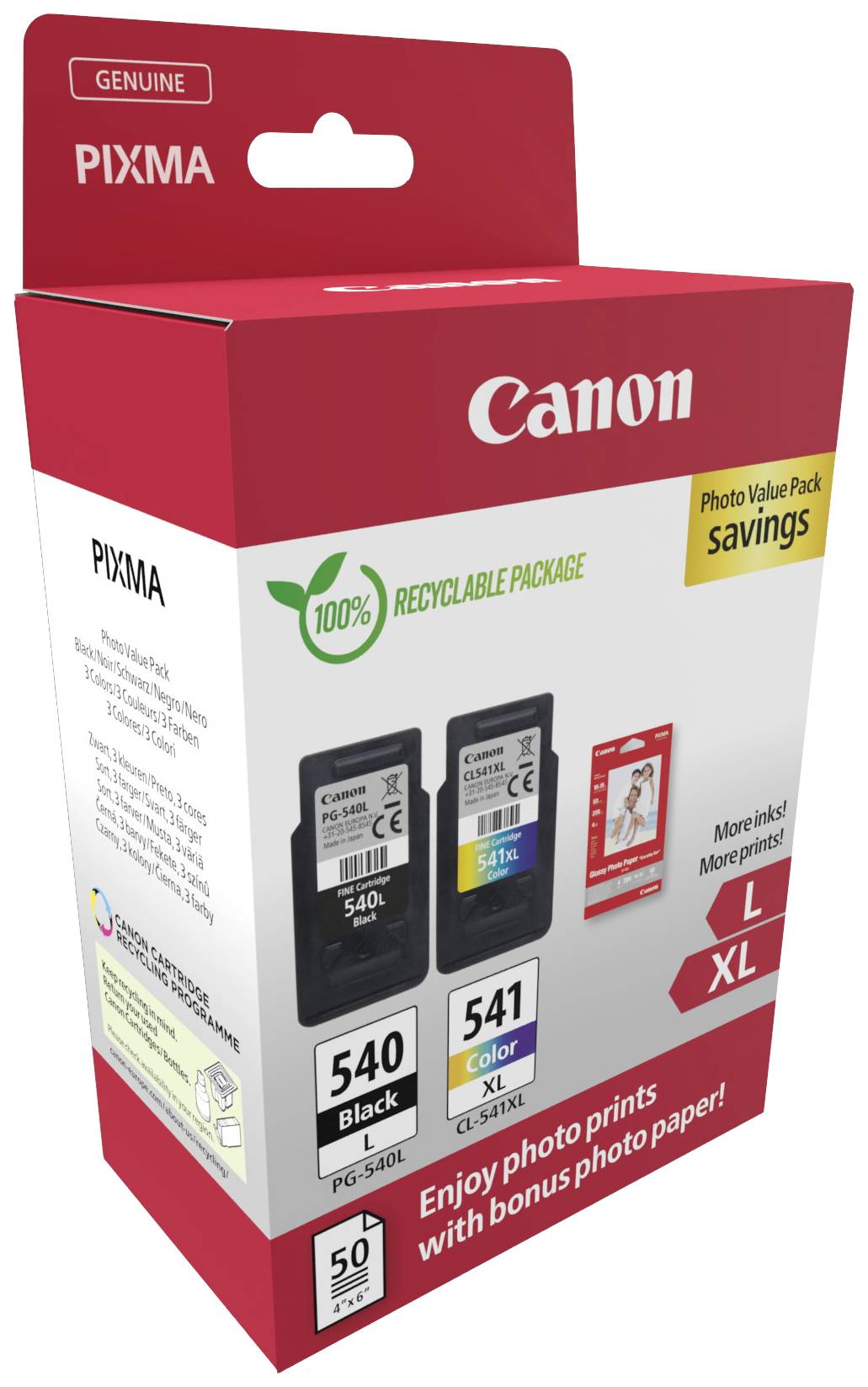 Emballage de cartouches d'imprimante Canon PIXMA en rouge. Contient une cartouche noire et une cartouche couleur. Emballage 100% recyclable.