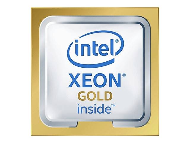 Image d'un logo de processeur Intel Xeon Gold avec le texte 'intel XEON GOLD inside' sur un fond blanc avec un contour doré.