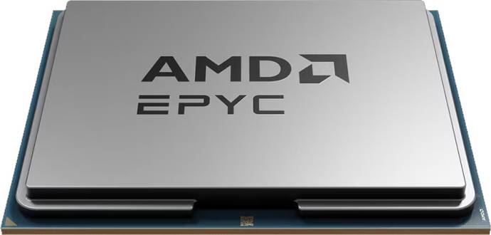 Puce microélectronique rectangulaire argentée portant l'inscription 'AMD EPYC', mettant l'accent sur les processeurs d'ordinateur haute performance.