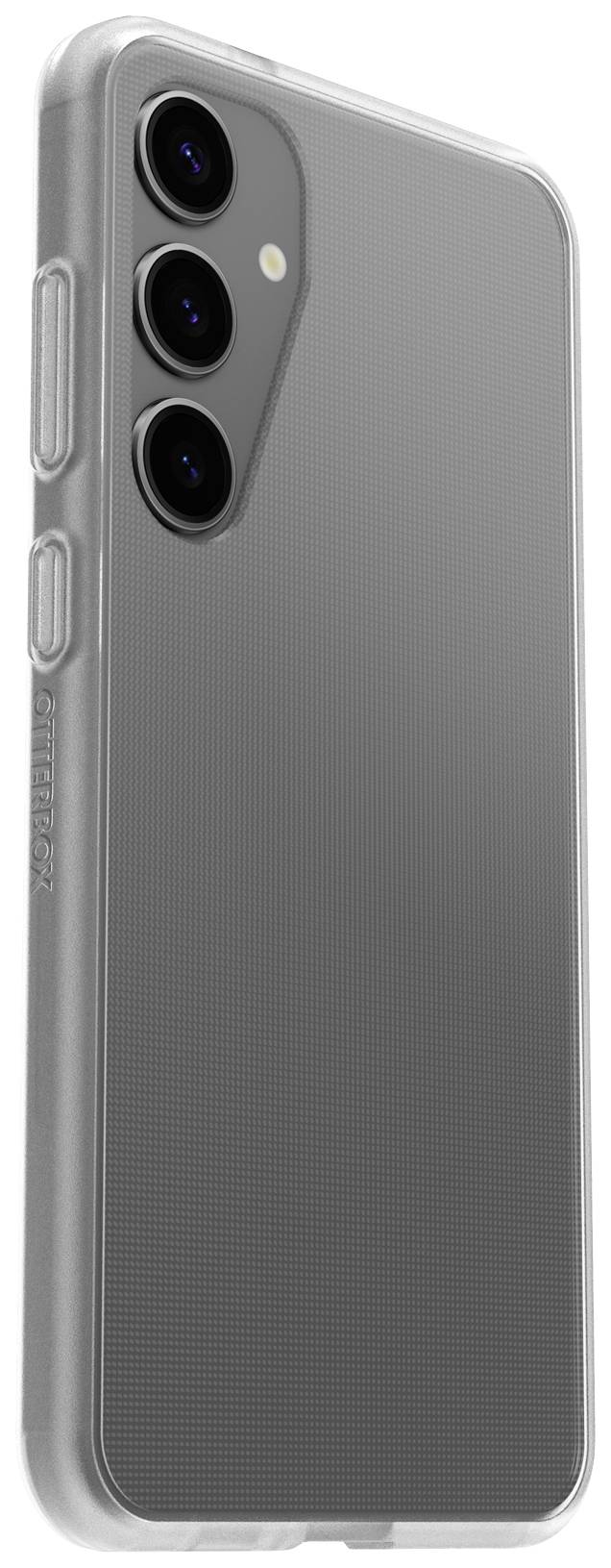 Un smartphone gris dans un étui transparent avec trois objectifs de caméra à l'arrière.