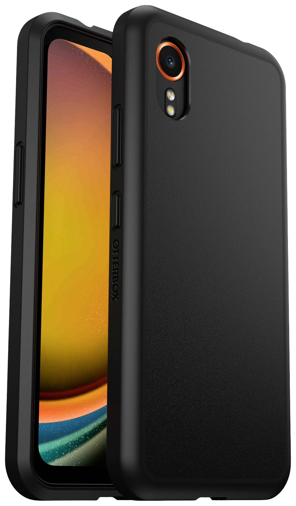 L'image montre un smartphone dans un étui noir avec un accent orange autour de l'appareil photo.