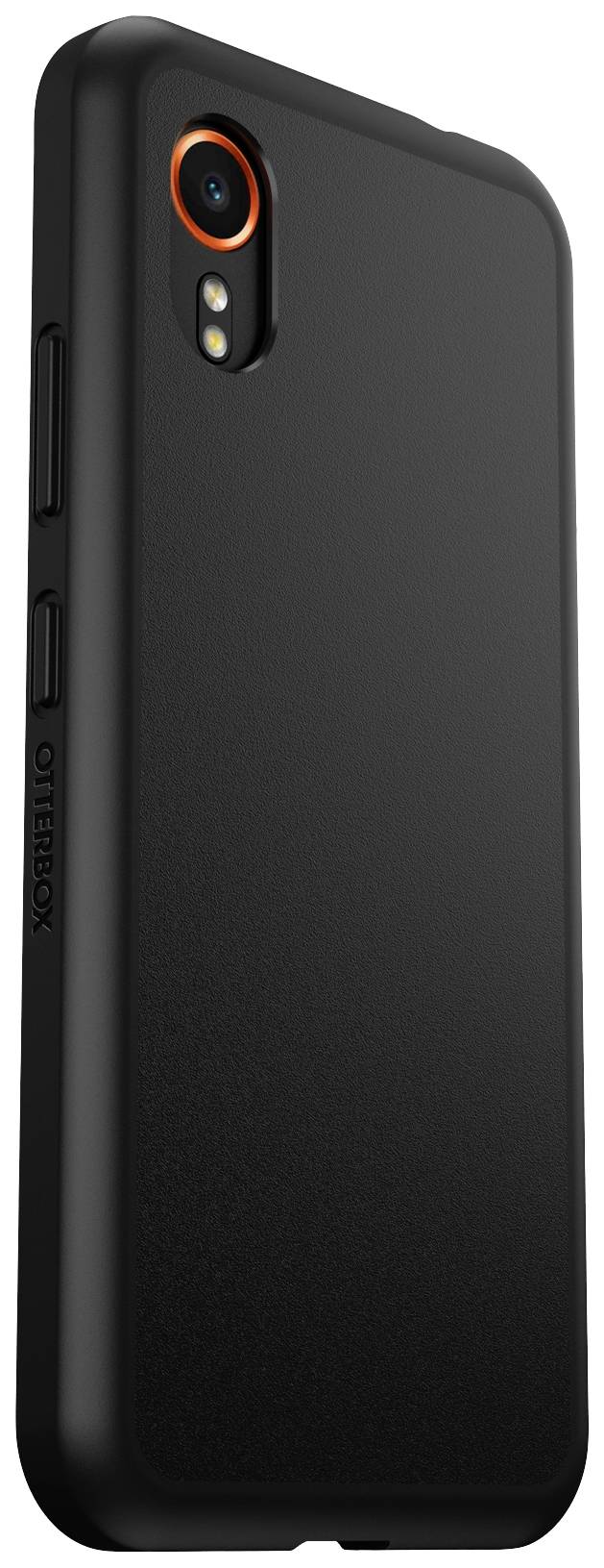 Smartphone avec un étui de protection noir Otterbox, montrant la caméra et les boutons.