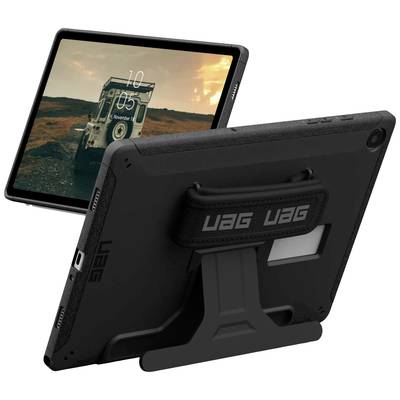 Tablette avec boîtier de protection robuste noir et support. L'écran affiche un paysage avec un véhicule tout-terrain.
