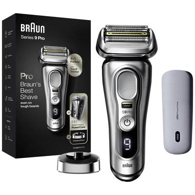 Rasoir électrique Braun Series 9 Pro représenté avec son emballage, sa station de nettoyage et sa mallette de charge. Texte sur l'emballage : 'Le Meilleur Rasage de Braun'.