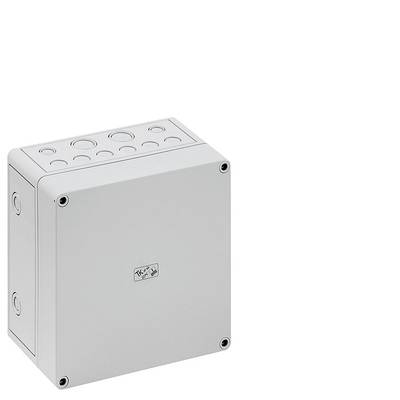 Boîte de connexion électrique avec plusieurs ouvertures rondes pour l'acheminement des câbles, de forme carrée, de couleur grise.
