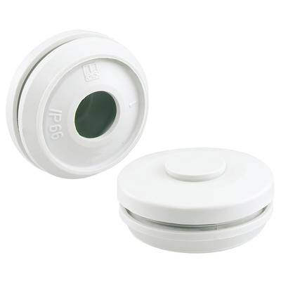 Deux bouchons en plastique blancs et ronds. L'un montre la face avant avec une surface plane, l'autre la face arrière avec un trou.