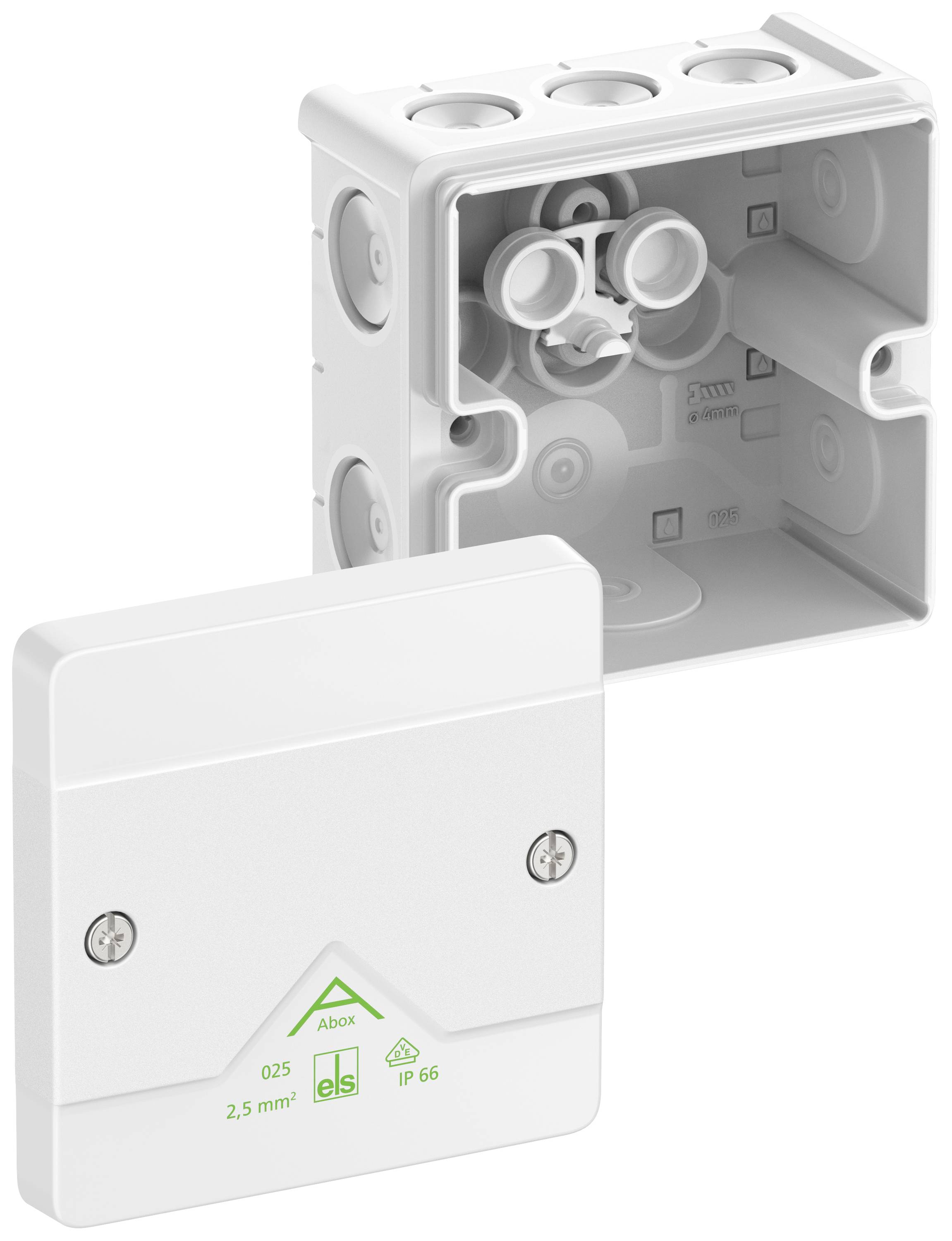 Une boîte de dérivation blanche IP66 avec son couvercle retiré montre des bornes rondes et des encoches de montage pour des installations électriques.