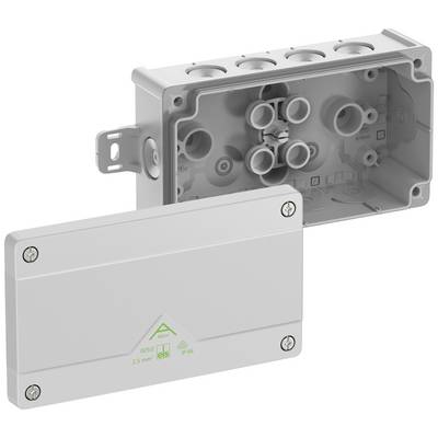 Boîtier de distribution avec couvercle retiré, montrant plusieurs ouvertures pour les connexions de câbles. Sur le couvercle figurent des informations techniques.