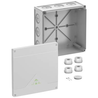 Boîtier de distribution en plastique avec couvercle amovible, plusieurs passe-câbles et accessoires de montage mural.