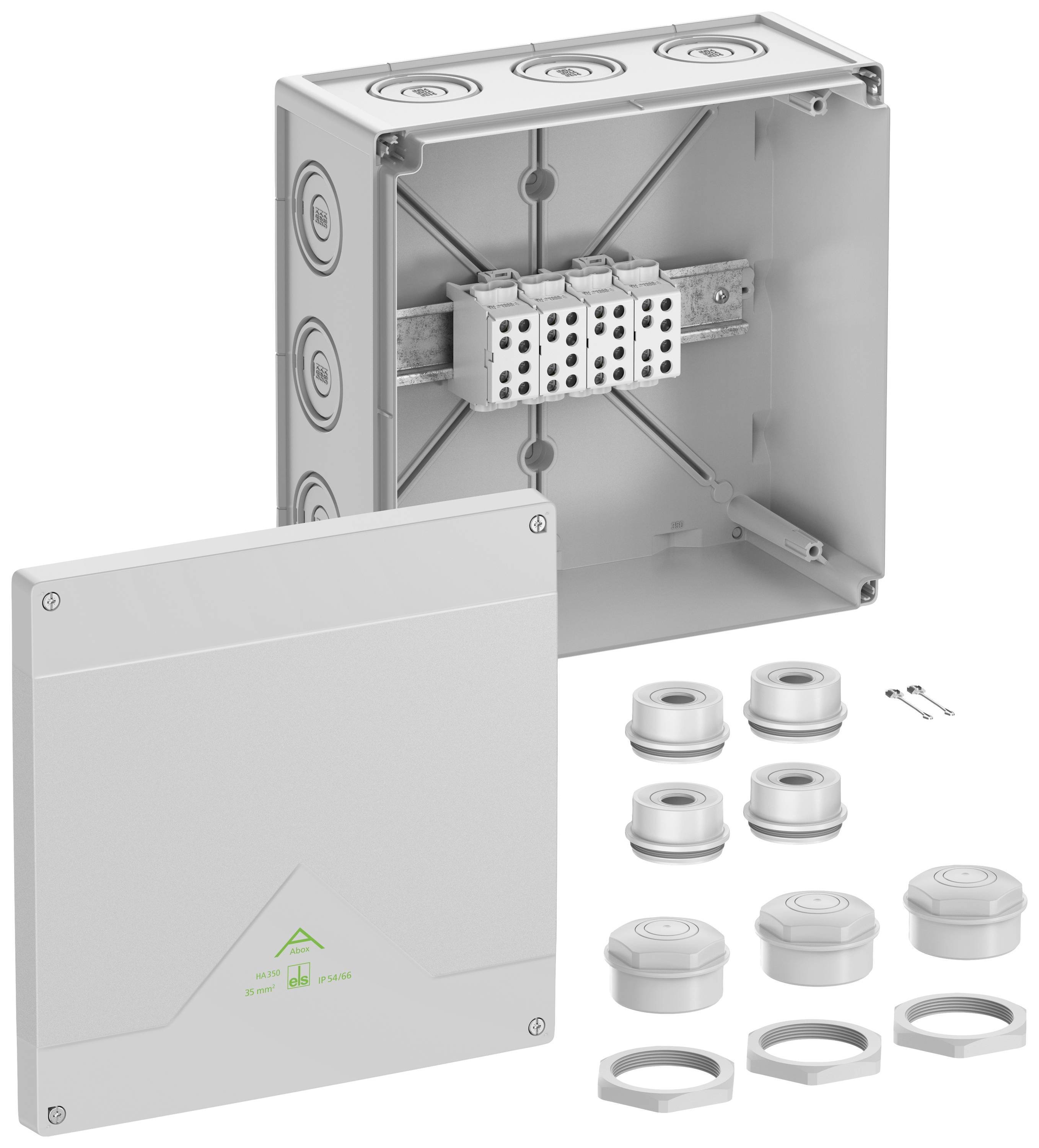 Boîtier avec couvercle amovible, bloc de bornes intégré, joints et matériel de montage. Idéal pour les accessoires électriques.