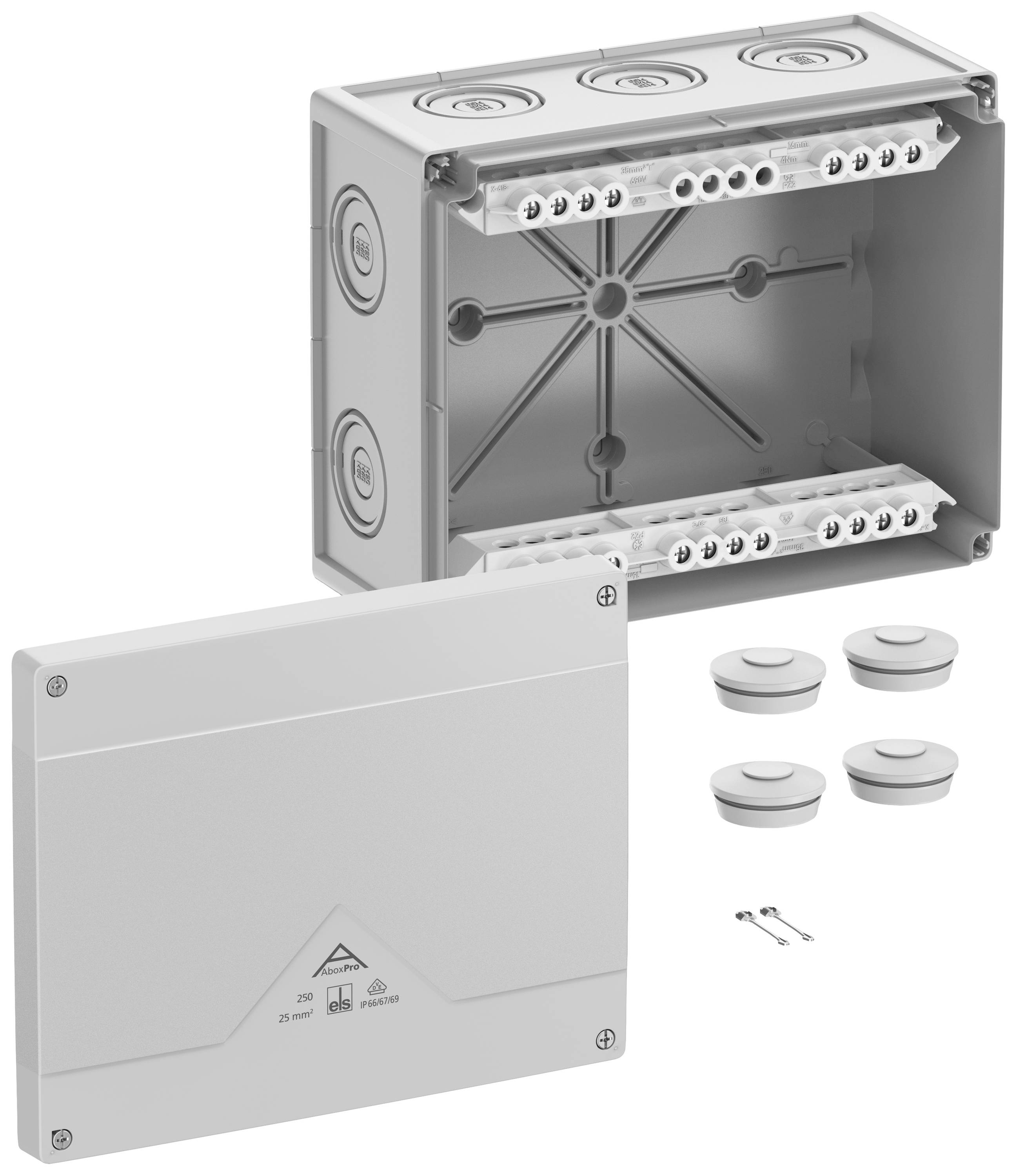 Boîtier pour installation électrique avec couvercle amovible, plusieurs bornes de connexion et passages de câbles. Contient des vis de fixation.
