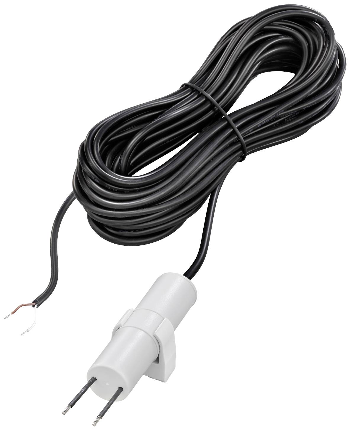 Un câble noir avec un capteur cylindrique blanc à son extrémité et des extrémités de fil dénudées, probablement destiné à des applications électriques.