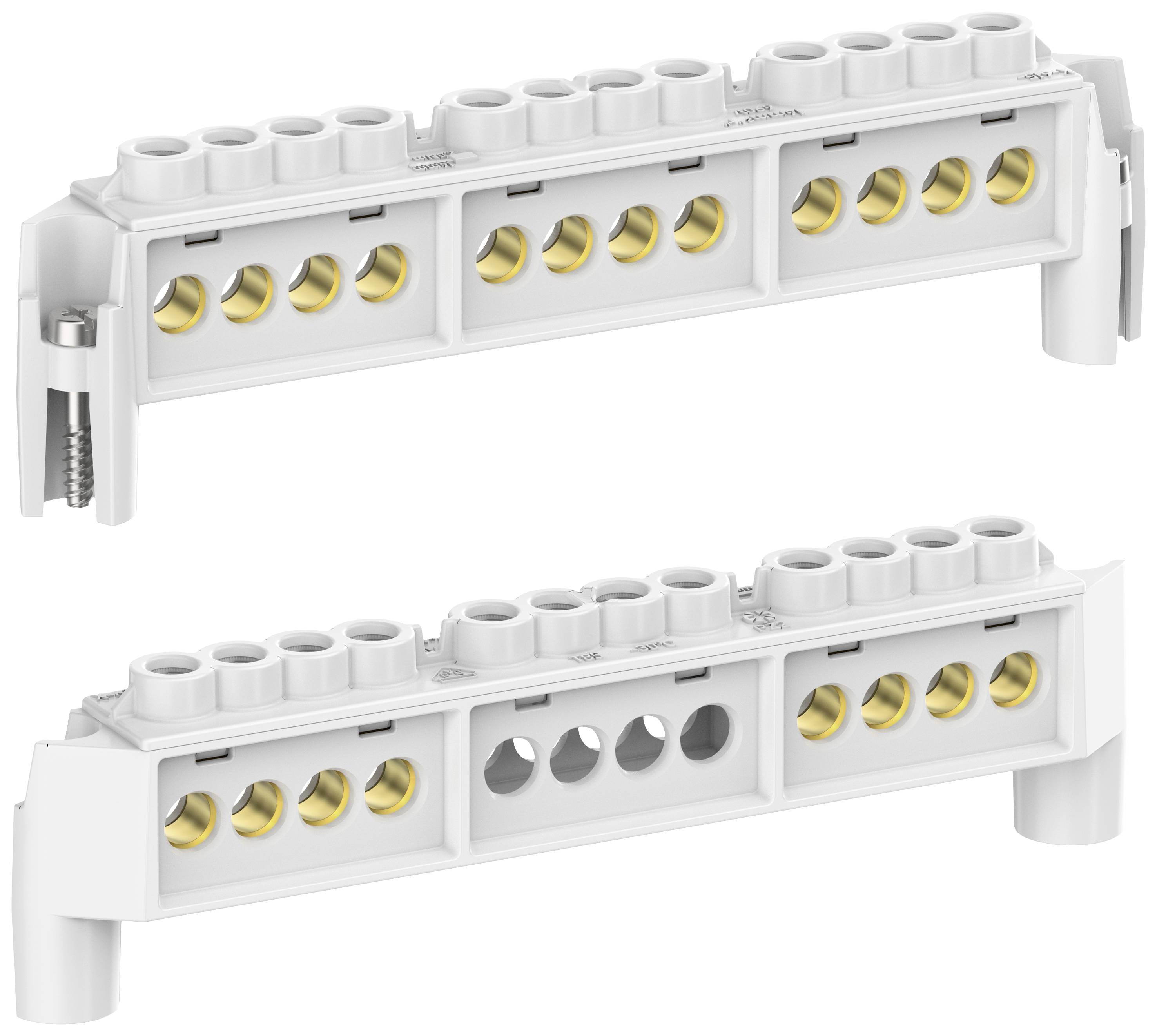 Deux bornes de connexion rectangulaires blanches avec plusieurs contacts dorés disposés les uns au-dessus des autres, utilisées pour les connexions électriques.