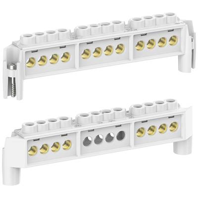 Deux bornes de connexion rectangulaires blanches avec plusieurs contacts dorés disposés les uns au-dessus des autres, utilisées pour les connexions électriques.